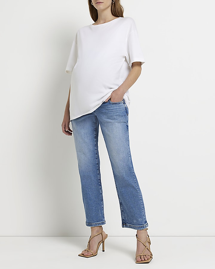 Blue mid rise maternity straight leg jeans