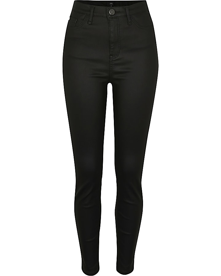 Black coated denim high waisted skinny jeans