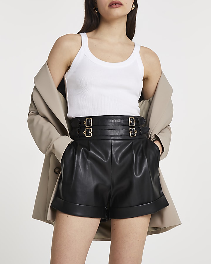 Black leather shorts river island on sale