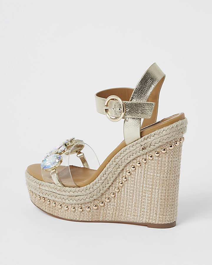 Beige embellished perspex wedge sandals