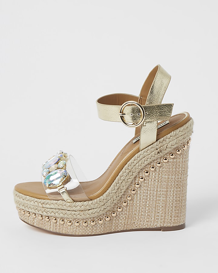 Beige embellished perspex wedge sandals