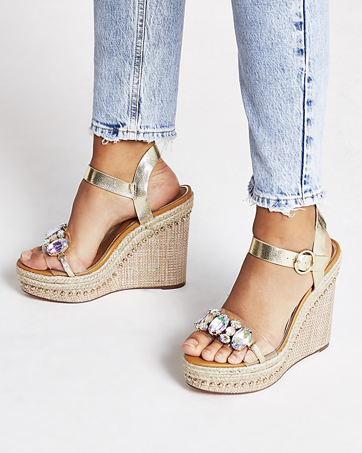 Beige embellished perspex wedge sandals