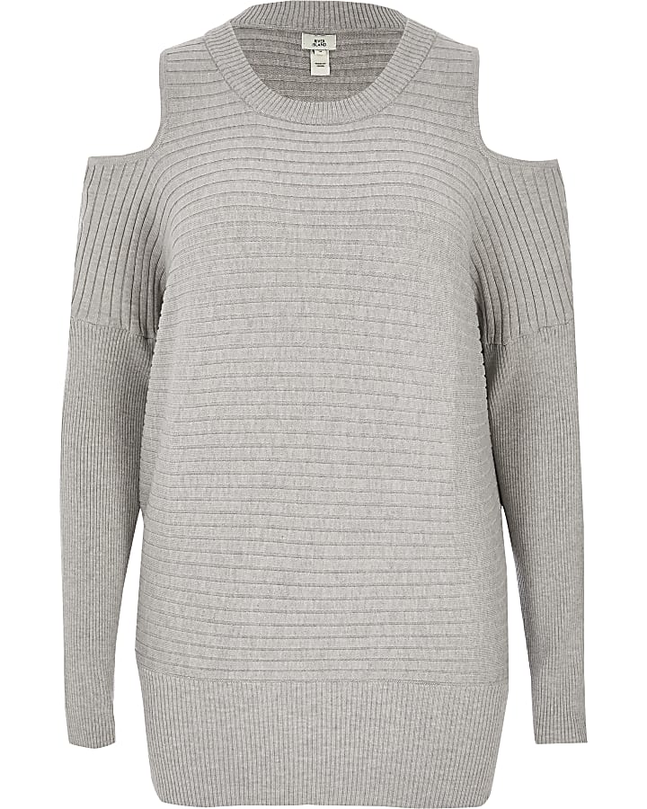 Grey cold shoulder rib knitted jumper
