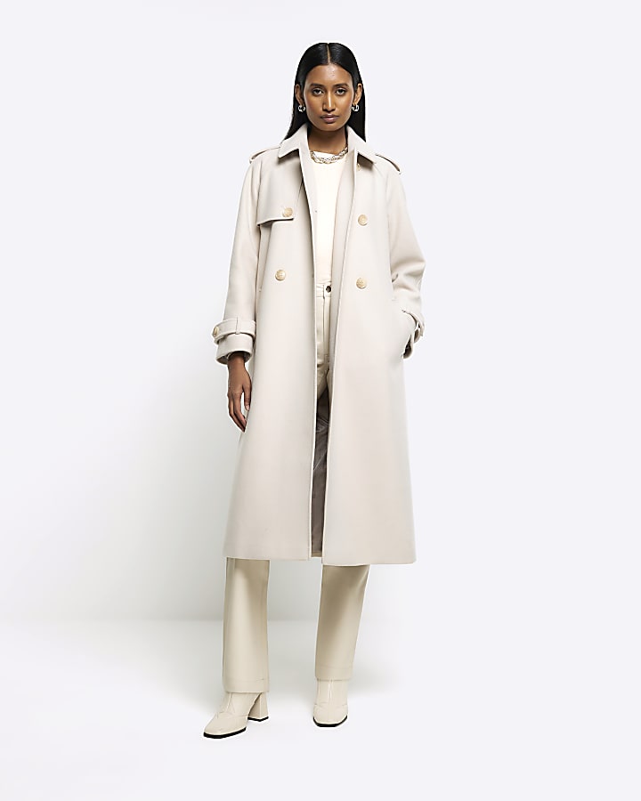 Cream belted longline trench coat