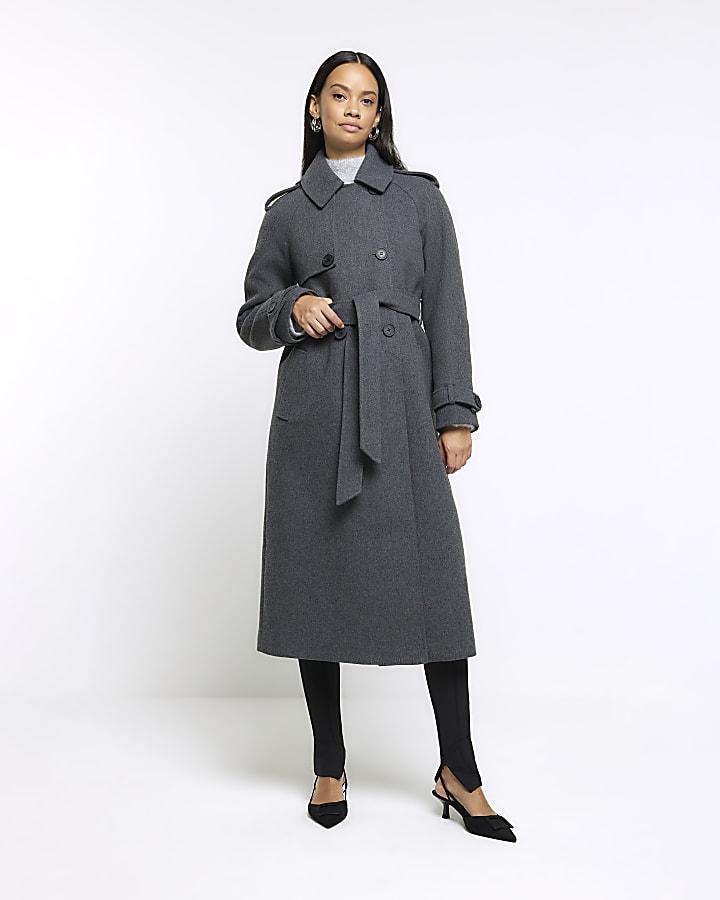 Grey belted longline trench coat River Island