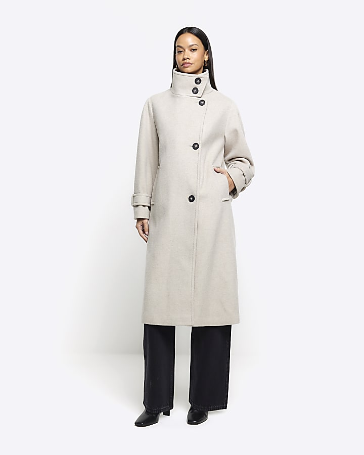 Beige funnel neck longline coat River Island