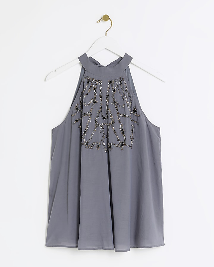 Grey embellished halter blouse