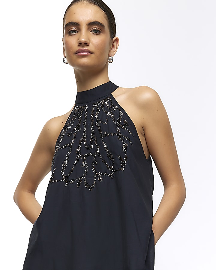 Black embellished halter blouse