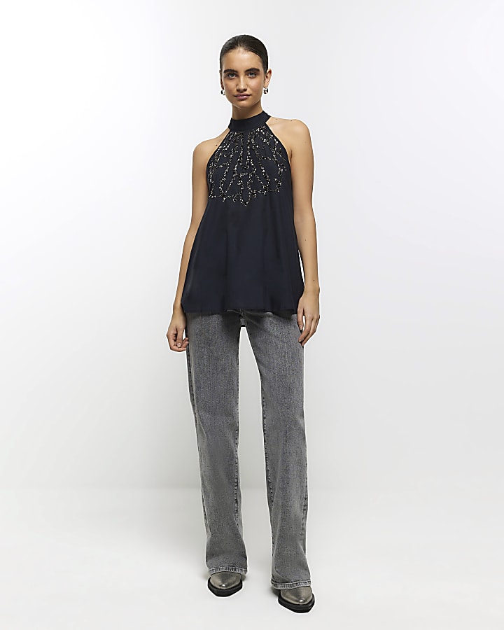 Black embellished halter blouse