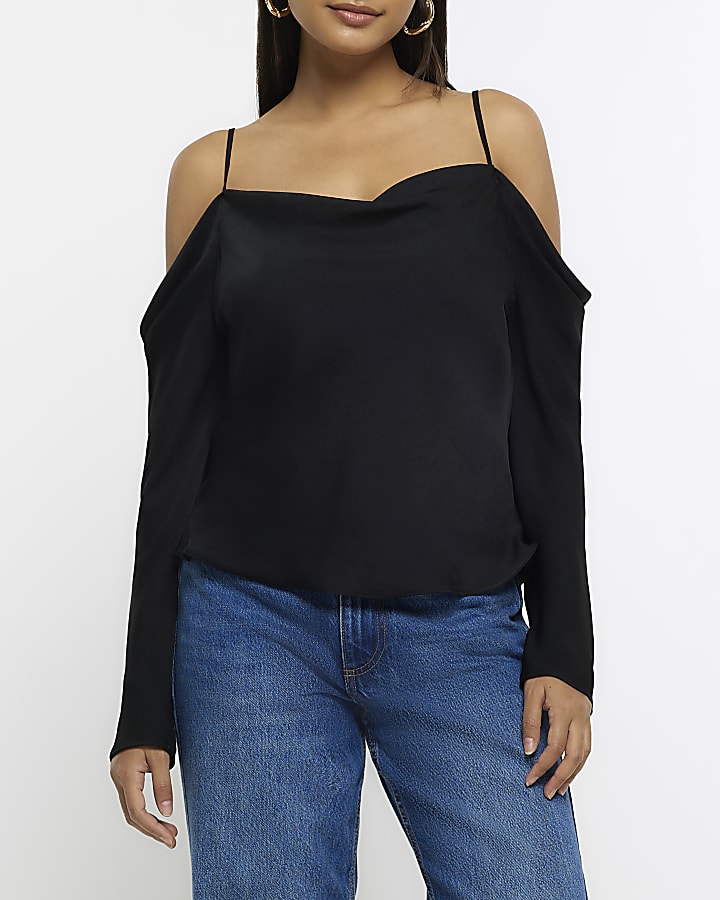 Black long sleeve cold shoulder top River Island