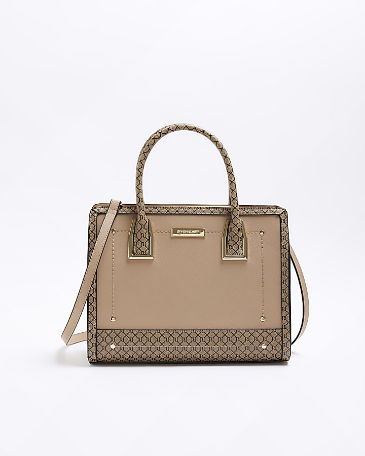 Beige RI monogram structured tote bag | River Island