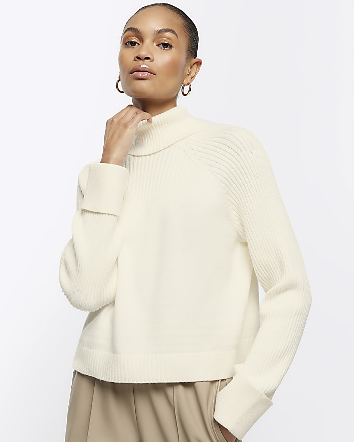 Cream rib roll neck jumper