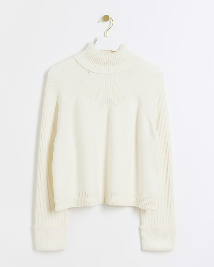 Cream rib roll neck jumper