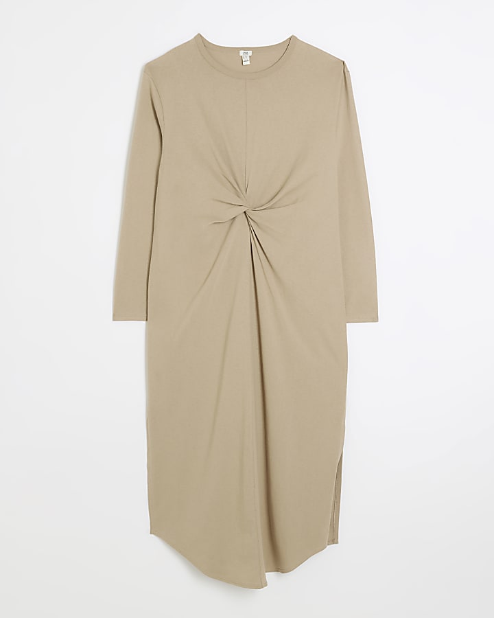 Beige knot long sleeve t-shirt midi dress