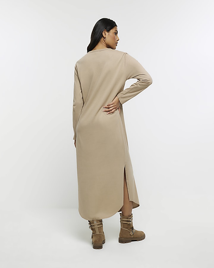 Beige knot long sleeve t-shirt midi dress