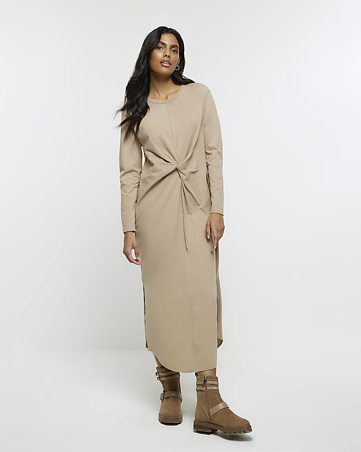 Beige knot long sleeve t shirt midi dress River Island