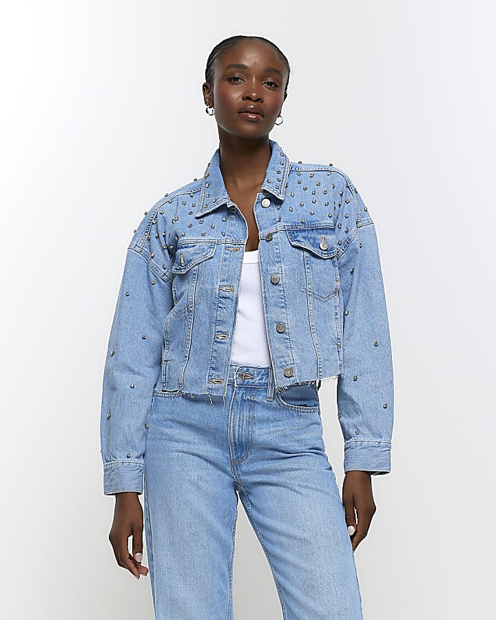 River island peplum denim jacket online