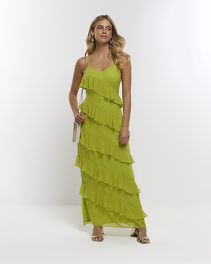 Lime green frill sleeveless maxi dress River Island