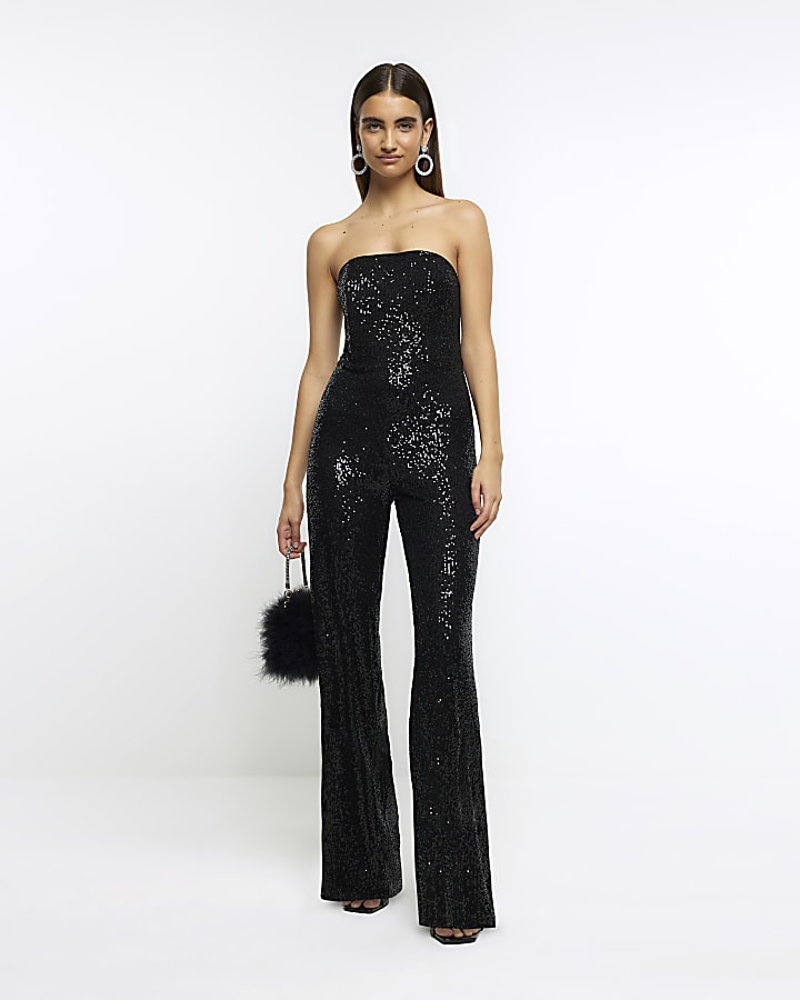 Black sequin bandeau jumpsuit River Island