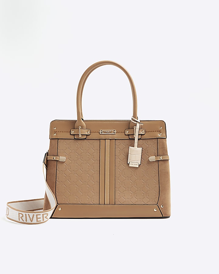 Brown embossed RI tote bag | River Island