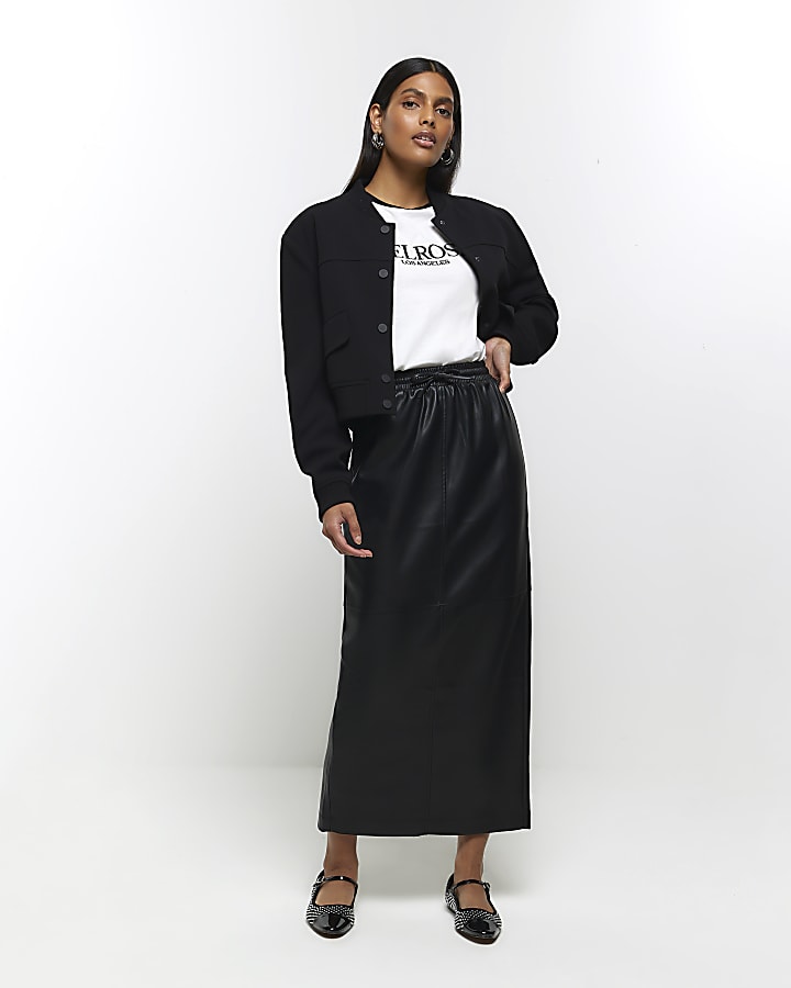 Black leather pencil skirt river island hotsell