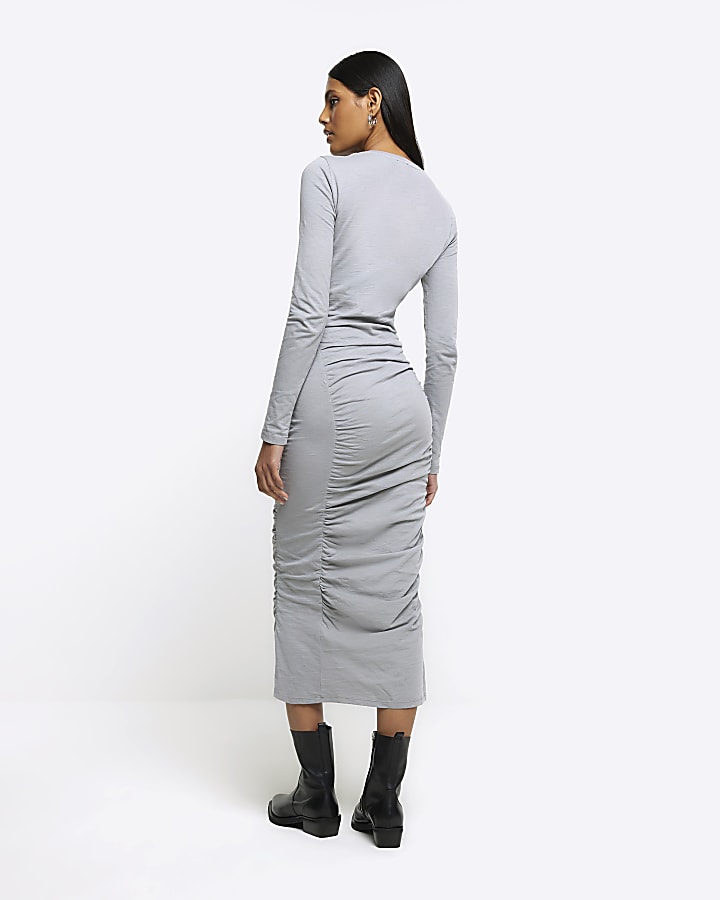 Grey ruched bodycon midi dress