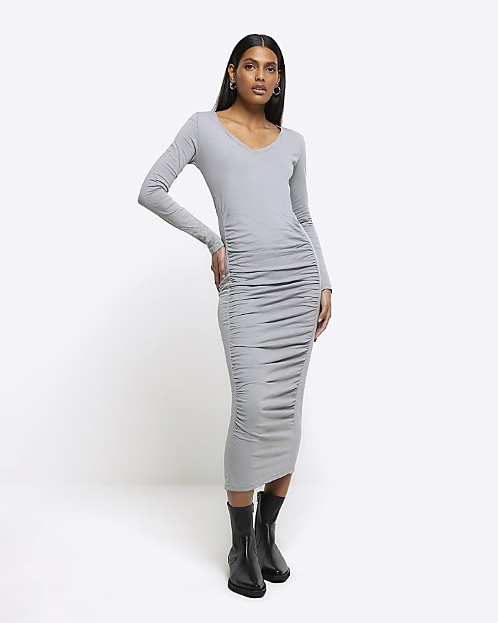 Grey ruched bodycon midi dress