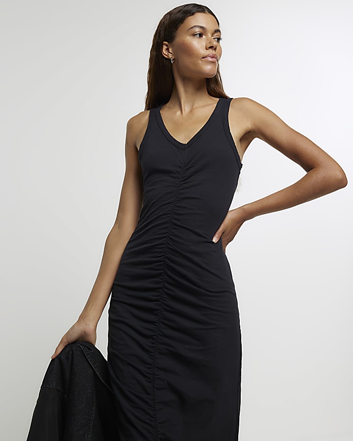 Black ruched bodycon midi dress