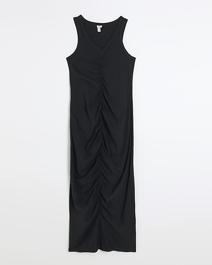 Black ruched bodycon midi dress