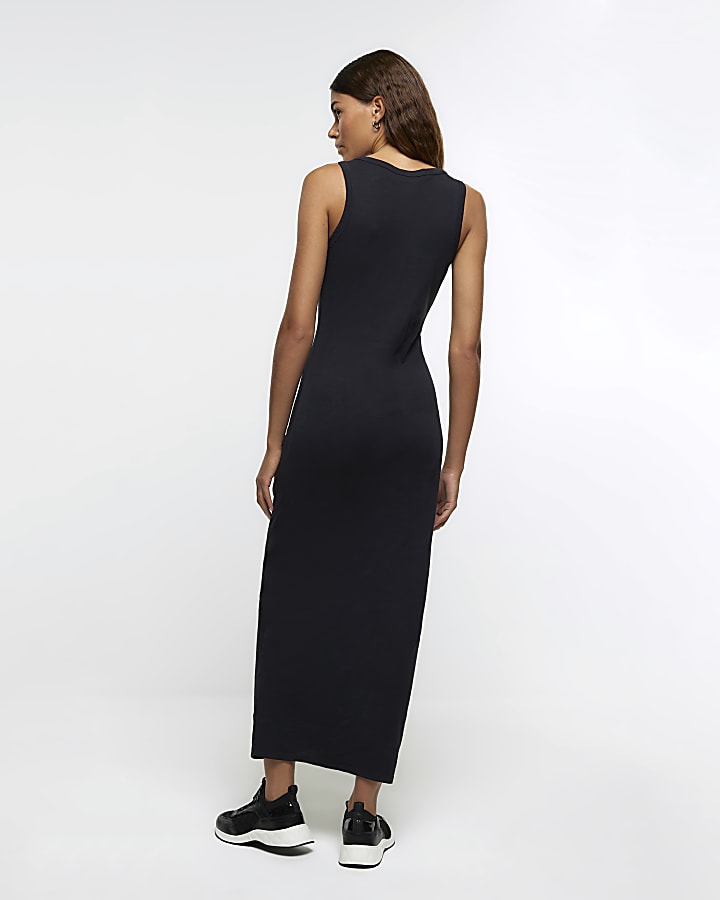 Black ruched bodycon midi dress