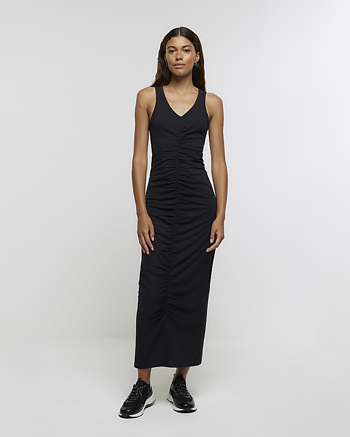 Black ruched bodycon midi dress