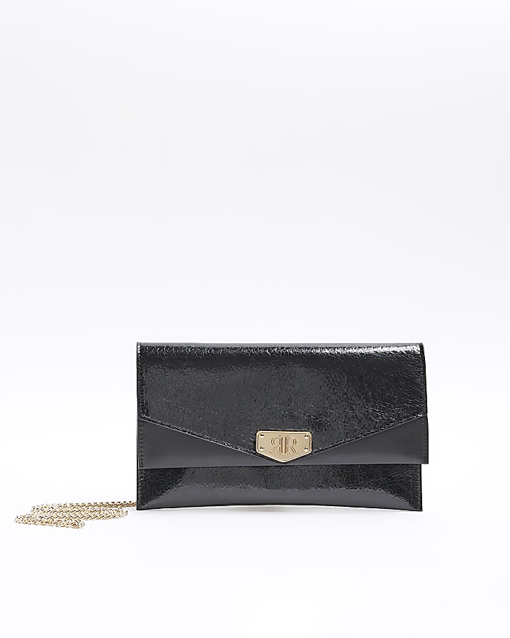 Black textured chain strap clutch bag River Island