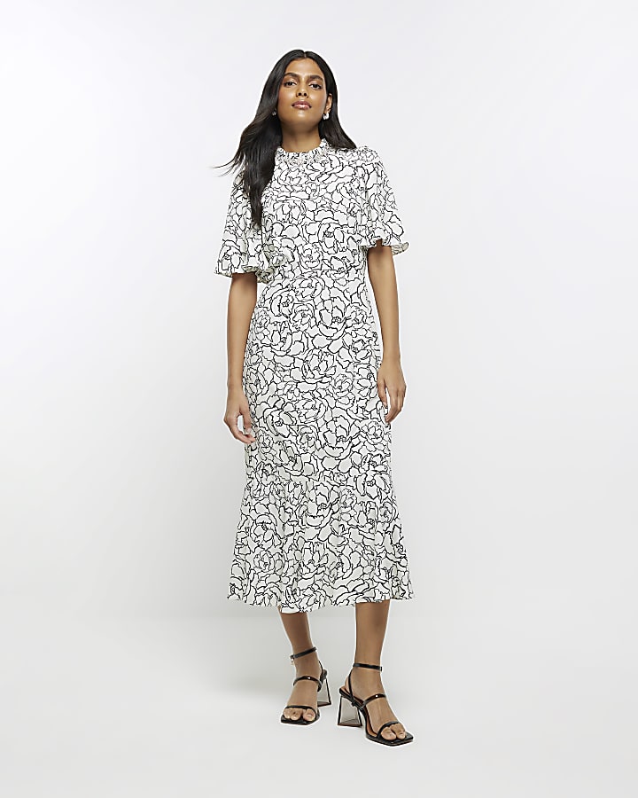 Cream floral embellished swing midi dress River Island