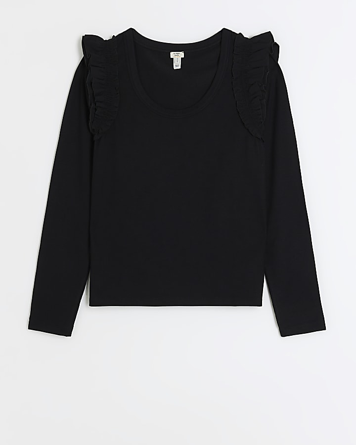 Black rib frill long sleeve top