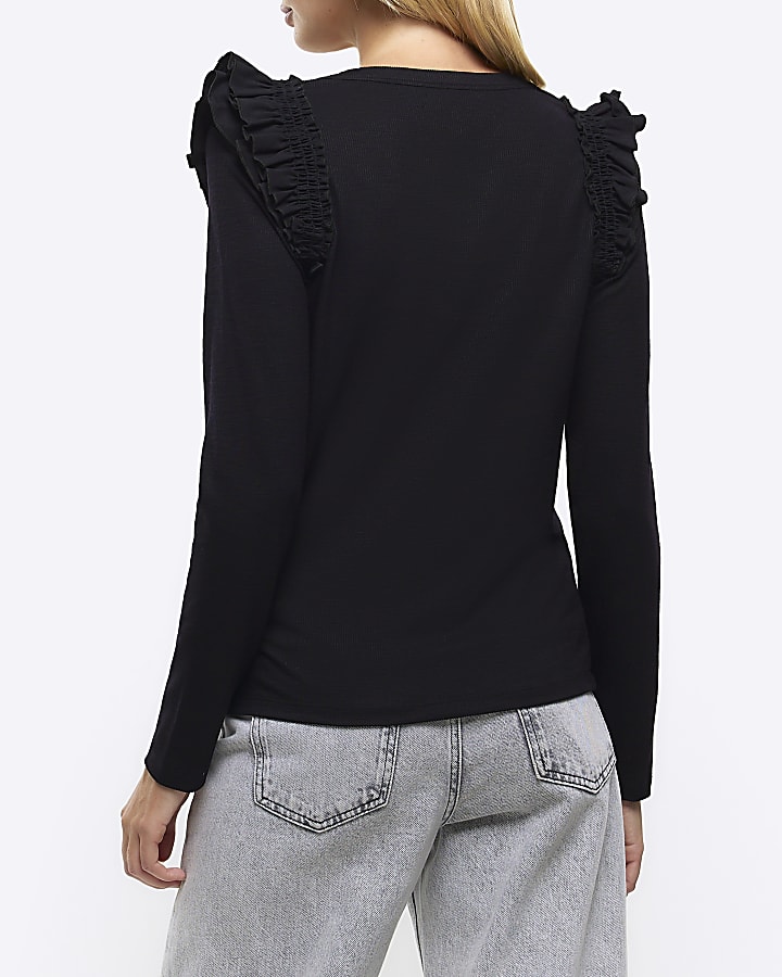 Black rib frill long sleeve top