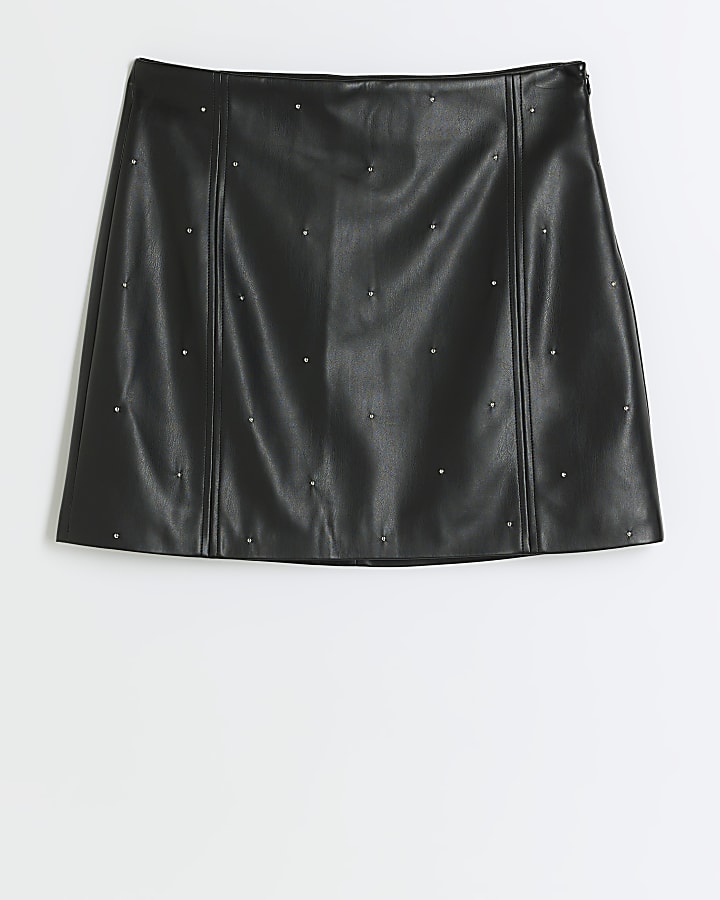 Black faux leather studded mini skirt