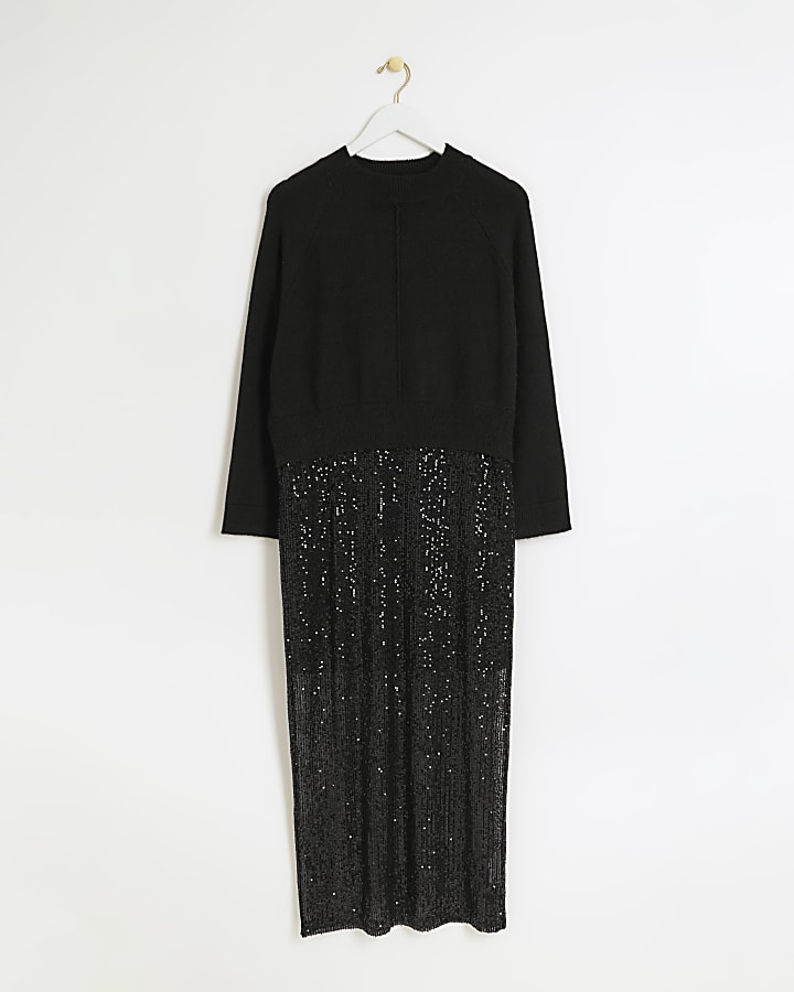 Black sequin skirt jumper midi dress