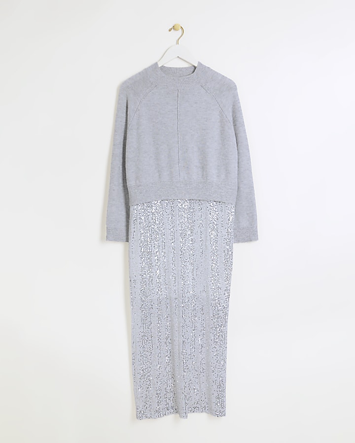 Silver sequin skirt jumper midi dress