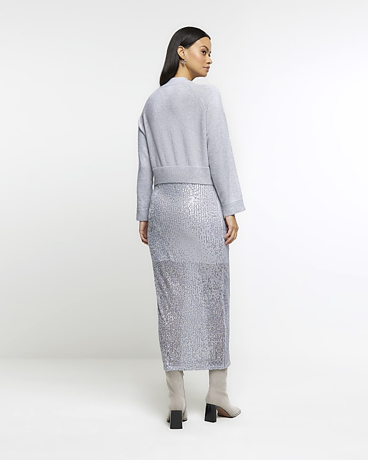 Silver sequin skirt jumper midi dress