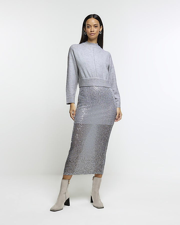 Silver sequin skirt jumper midi dress