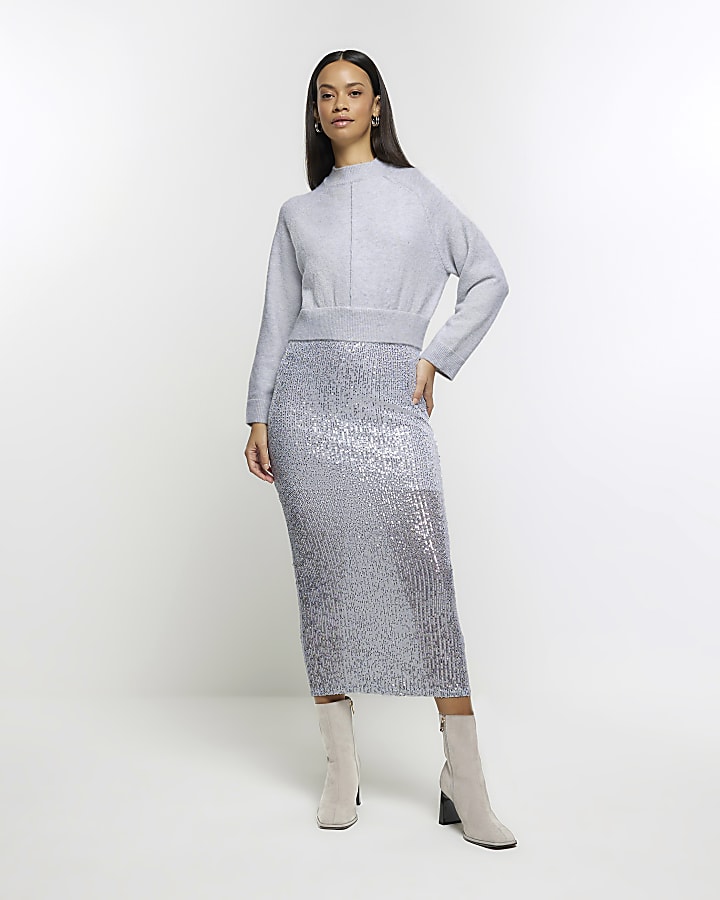 Silver sequin skirt jumper midi dress