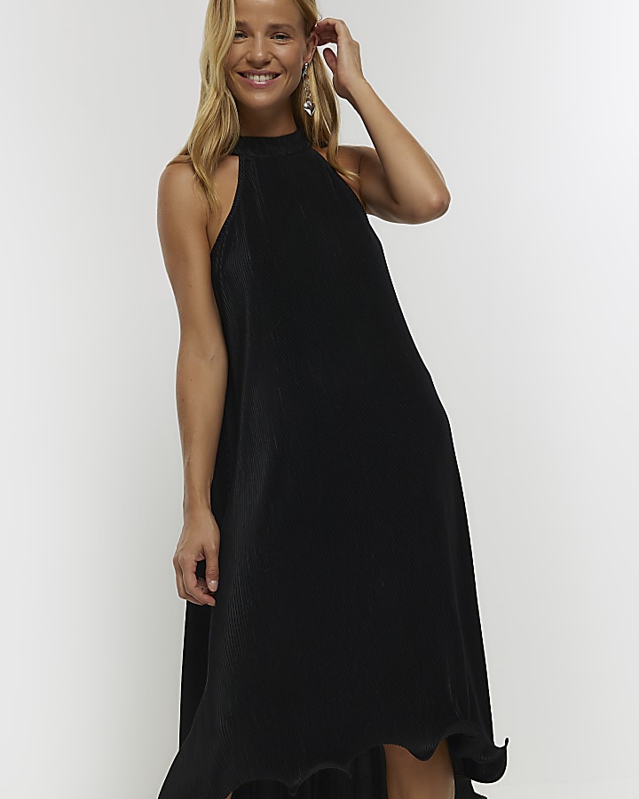 Black plisse frill hem slip midi dress