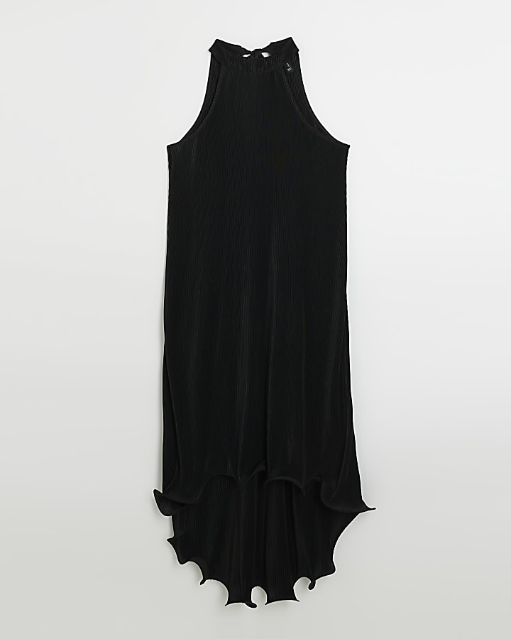 Black plisse frill hem slip midi dress