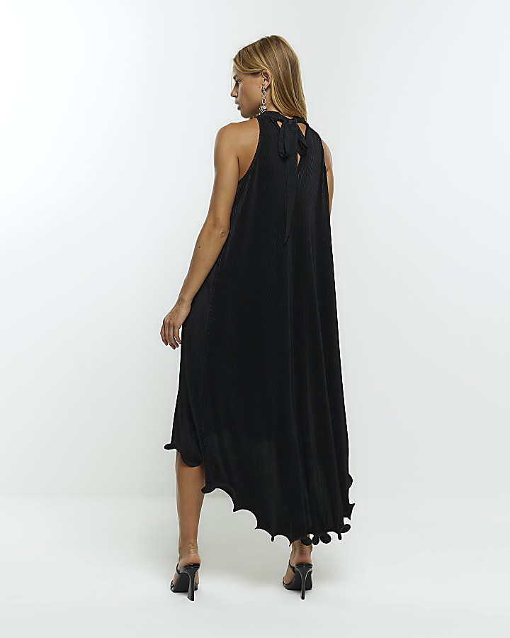 Black plisse frill hem slip midi dress