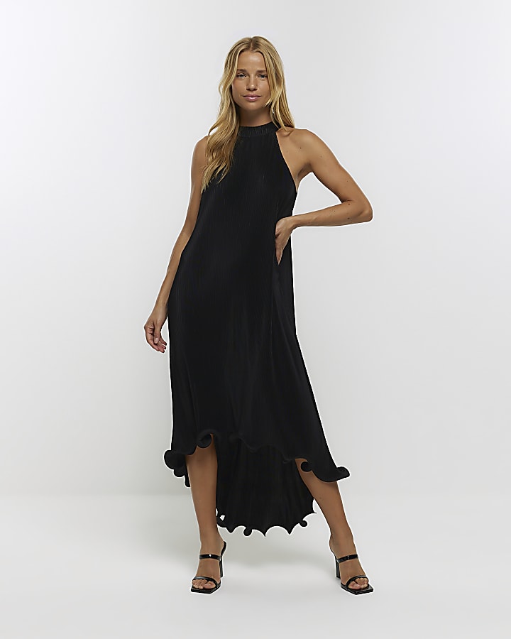 Black plisse frill hem slip midi dress