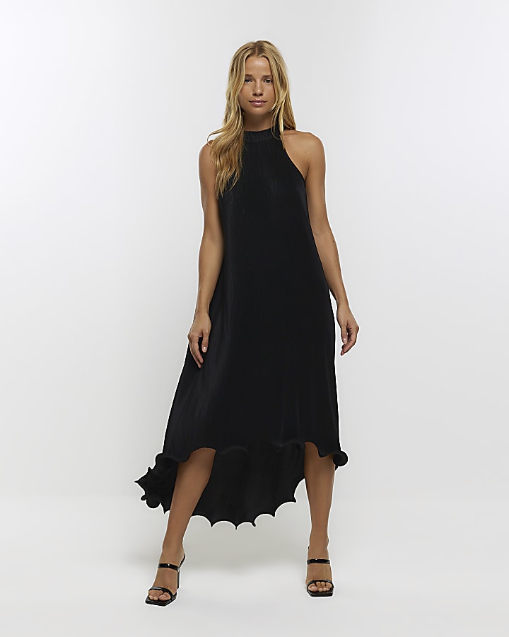 Black plisse frill hem slip midi dress