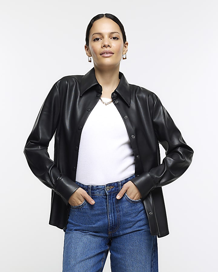 Black faux leather shirt River Island