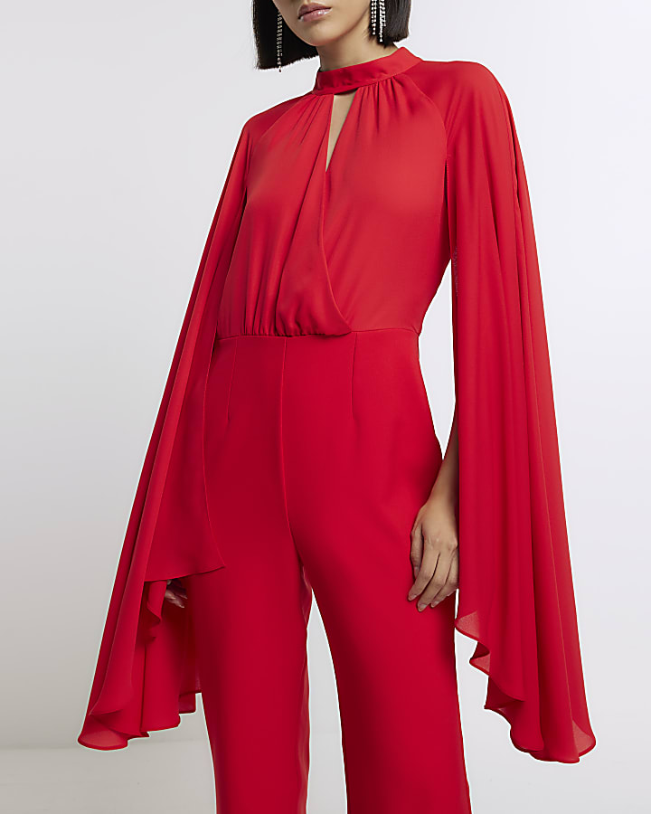 Red cape wide leg jumpsuit