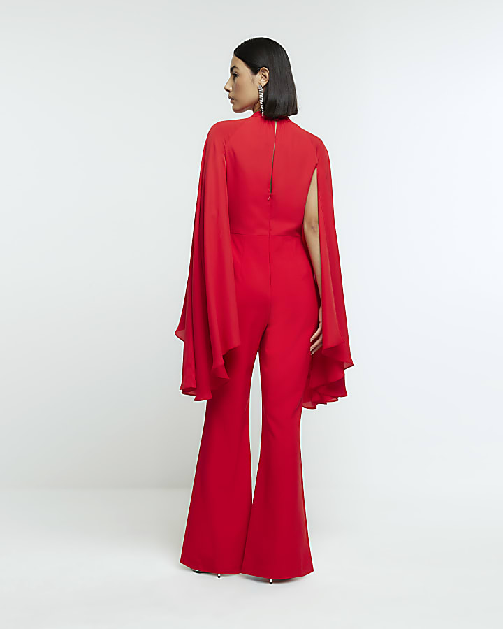 Red cape wide leg jumpsuit