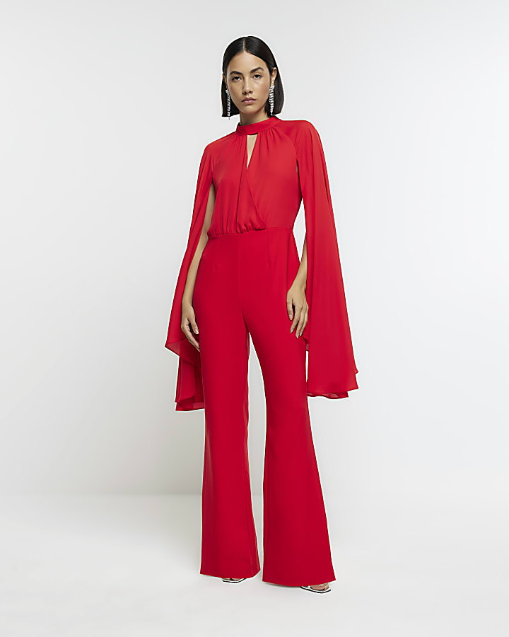 Red cape wide leg jumpsuit